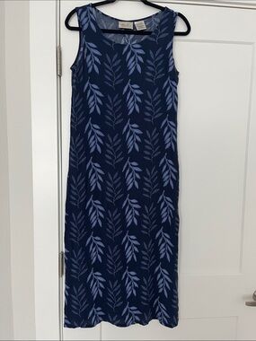 Kathie Lee Sleeveless Navy Blue Leaf-Print vintage Midi Dress medium
